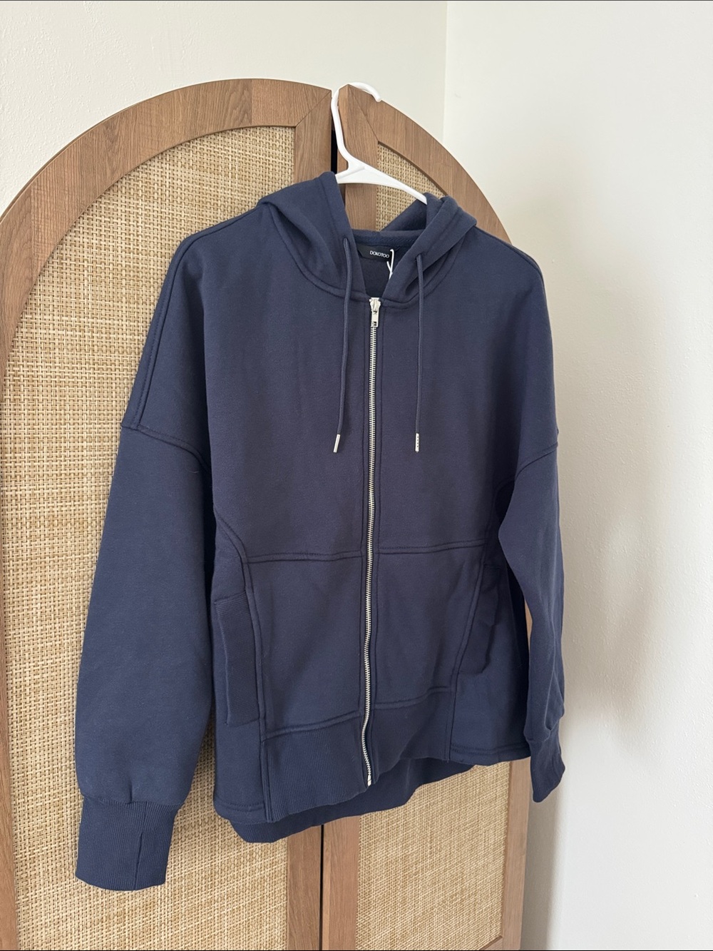 Dokotoo Navy Blue Fleece Zip Up Hoodie Jacket Thumbholes Pockets Size S